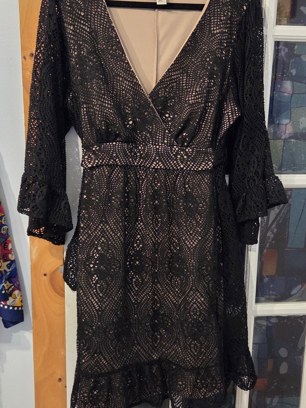 Emma & Michele Black Crochet Lace V-Neck Dress with Nude Lining